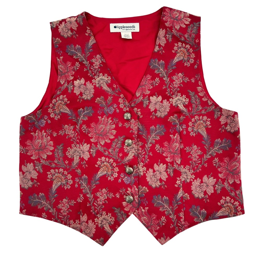 Vintage Appleseeds Floral Tapestry Vest Women 14 Red Cotton Blend Cottagecore